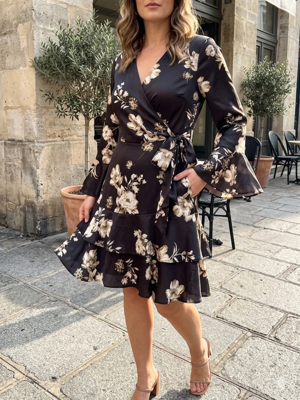 Satin Floral Wrap Ruffle Dress in Black and Cream